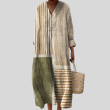 Robe à rayures beiges avec patte de boutonnage