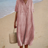 Robe en lin bleu ciel avec décolleté en V