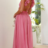 Boudry – Robe Midi Rose avec Manches Bouffantes et Coupe Fluide