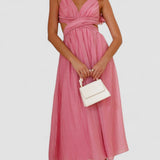 Boudry – Robe Midi Rose avec Manches Bouffantes et Coupe Fluide