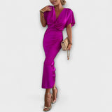 Sable - Robe Maxi Slim Fit en Satin à Décolleté en V avec Nœud Croisé