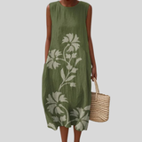 Robe vert olive avec branche de fleurs