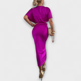 Sable - Robe Maxi Slim Fit en Satin à Décolleté en V avec Nœud Croisé