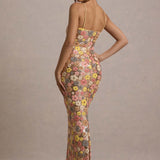 Villette – Robe Maxi avec Fleurs Brillantes et Bretelles Fines