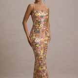 Villette – Robe Maxi avec Fleurs Brillantes et Bretelles Fines