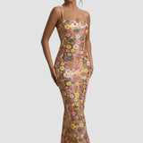 Villette – Robe Maxi avec Fleurs Brillantes et Bretelles Fines